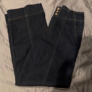 Dark Denim Wide Leg Jeans with Button Detail